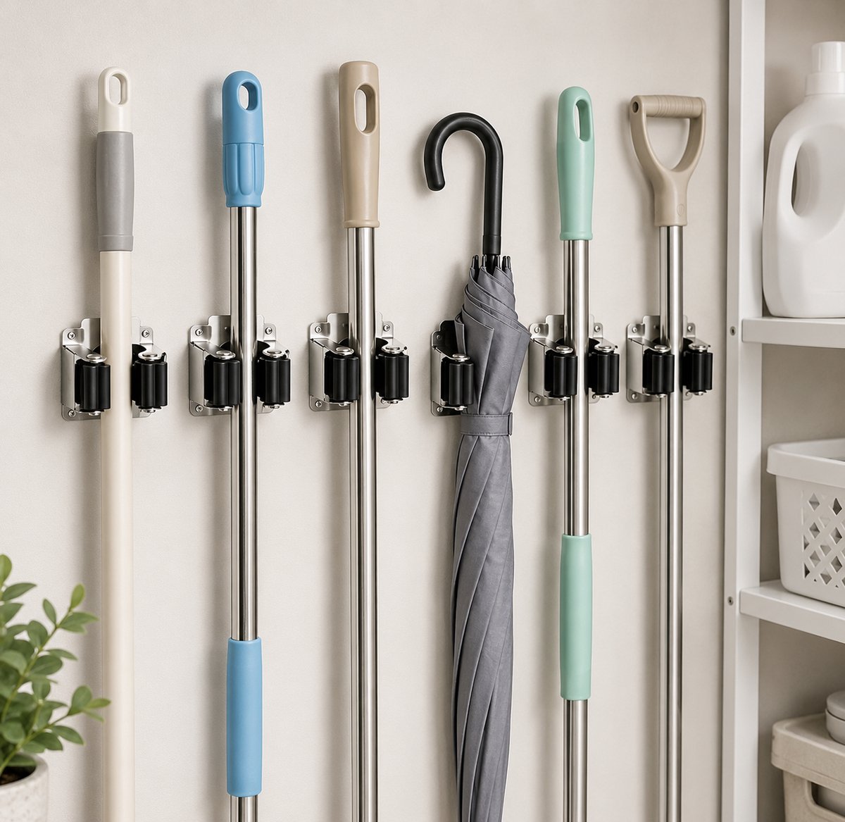 MONTKIARA Bezemhouder Wandmontage met Antislip Houders en Haken - Tuingereedschap Wandhouder voor Bezem Mop Schop Hark en Vegers
