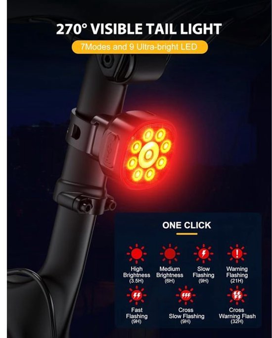 Fietsverlichting - Koplamp voor racefiets - Veiligheidsachterlicht - Set voor en achter - Duurzame aluminiumlegering - 7 standen - USB-oplaadbaar - IP65 waterdicht - Zwart — afbeelding 4