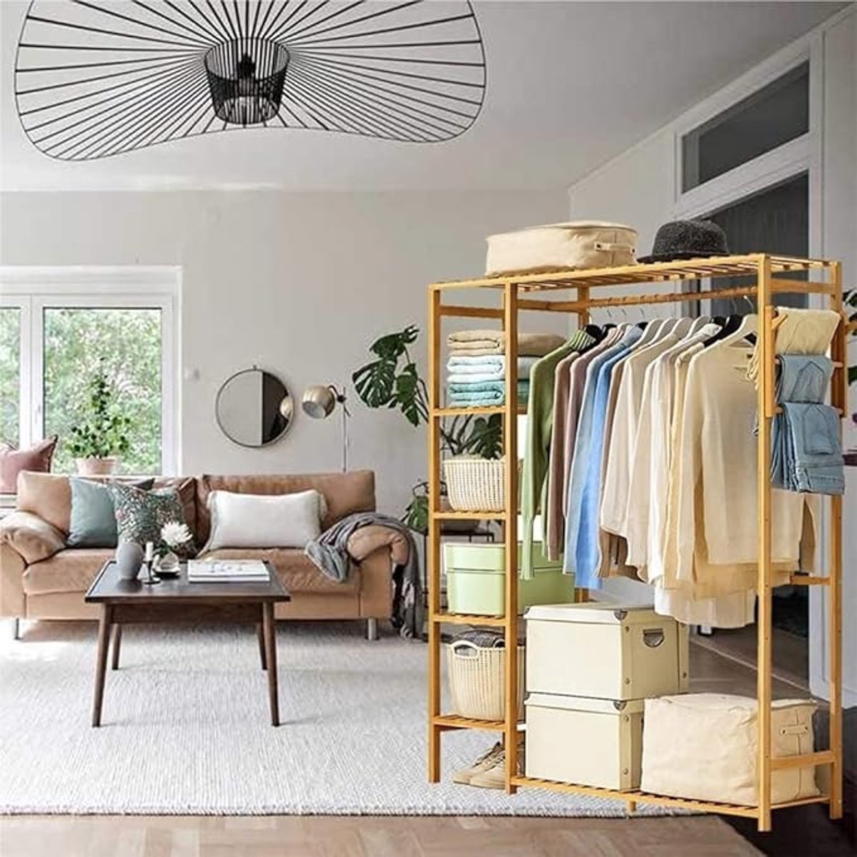 Garderoberek met Schoenenrek en Opbergbank 149 x 147 cm – Vrijstaande Kapstok met Kledingstang, Halboom en Entree Organizer voor Slaapkamer, Gang en Kantoor – Blauw/Hout – foto 5