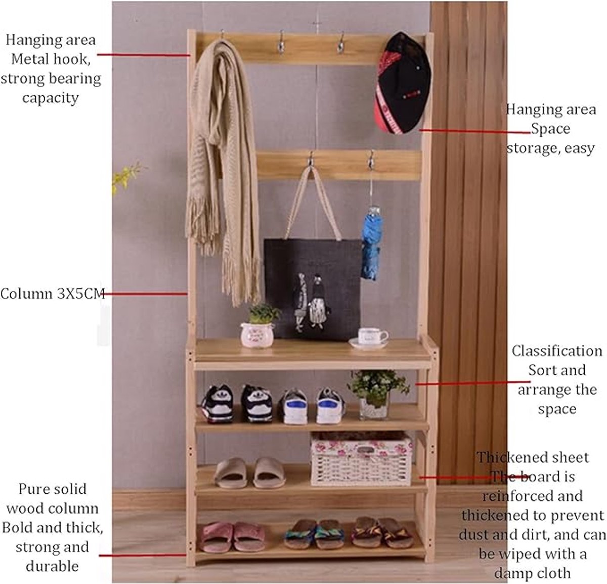 Garderoberek 3-in-1 Kapstok met Schoenenrek en 4 Lagen Opbergrek van Massief Grenenhout – Multifunctionele Hall Tree met Dubbele Haken voor Hal, Slaapkamer en Kantoor – foto 6