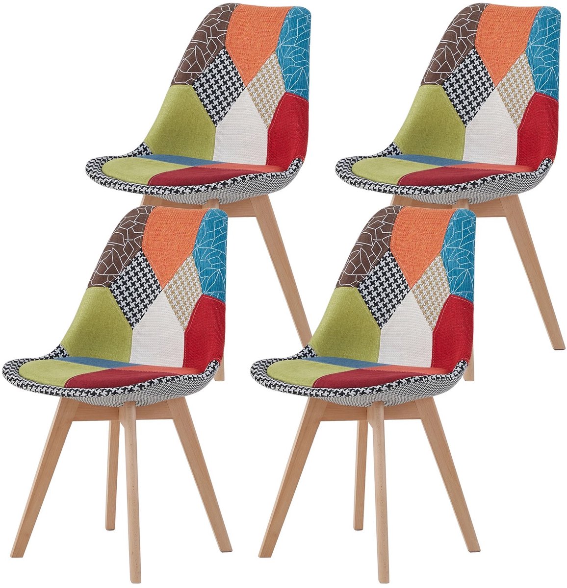 Archi Patchwork eetkamerstoelen set van 4 – Kuipstoel - Gestoffeerde kuipstoelen met houten poten – Moderne design stoelen multicolor