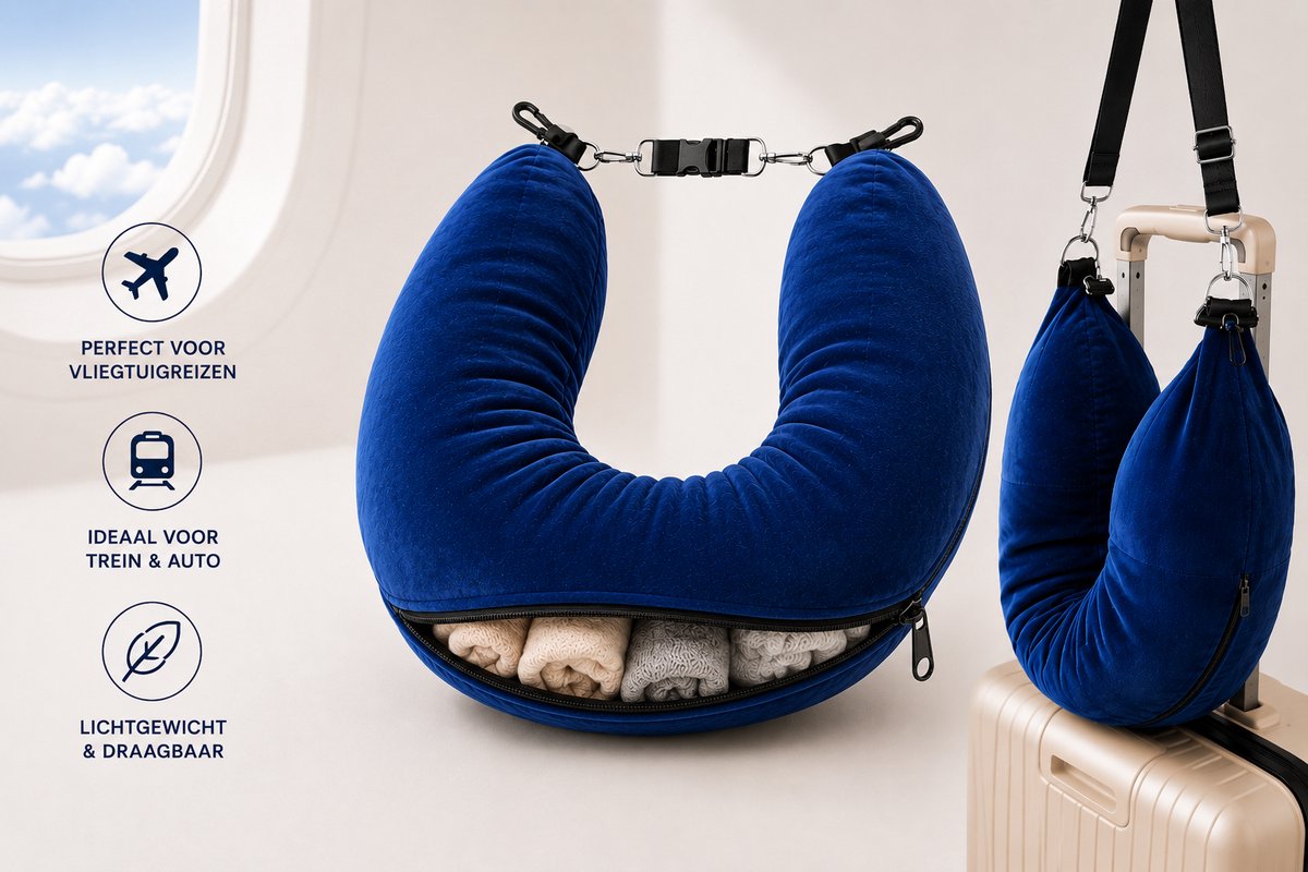 Cozyvent XL Multifunctioneel Reiskussen met Opbergruimte - Voor Vliegtuig Trein en Auto - nekkussen - rugkussen voor reizen extra lang - handbagage besparen - opvulbaar reiskussen - reiskussen met draagriem - reisaccessoires vliegtuig