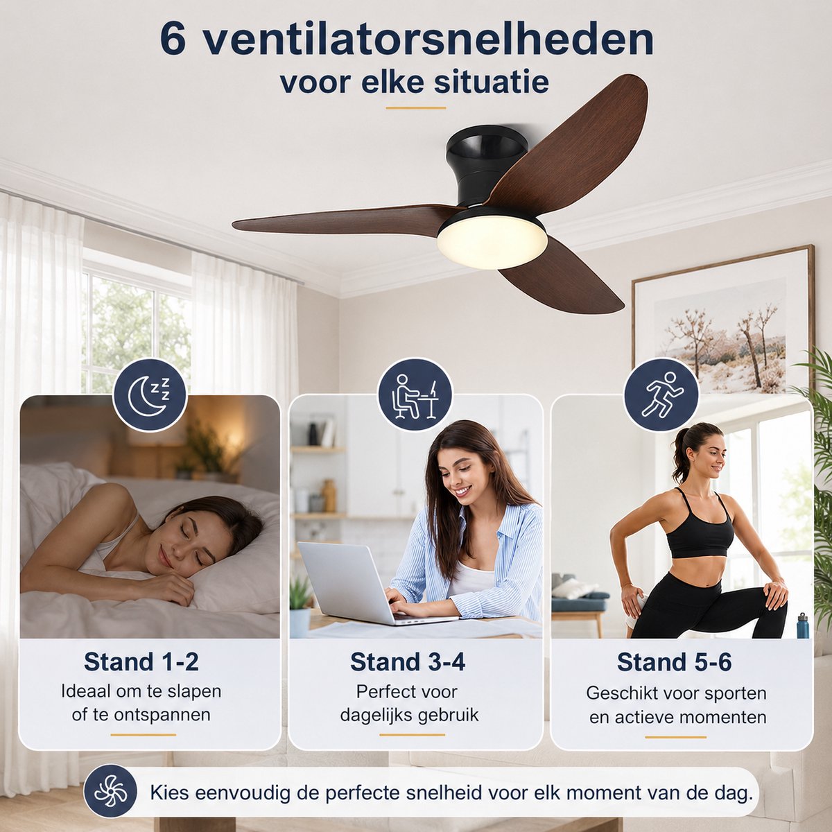 Rosnek Plafondventilator met Verlichting - 100 cm Diameter Smart Lamp met Afstandsbediening & App - 6 Windsnelheden, 3 Kleurtemperaturen - Plafond Ventilator Lamp met Timer, Landelijke Stijl voor Slaapkamer, Woonkamer & Terras thumbnail 5