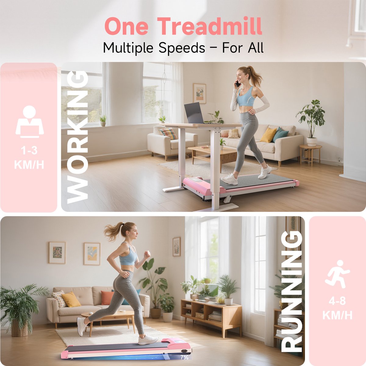 3-in-1 Inklapbare Loopband 8 km/u Roze met Helling - afbeelding 3