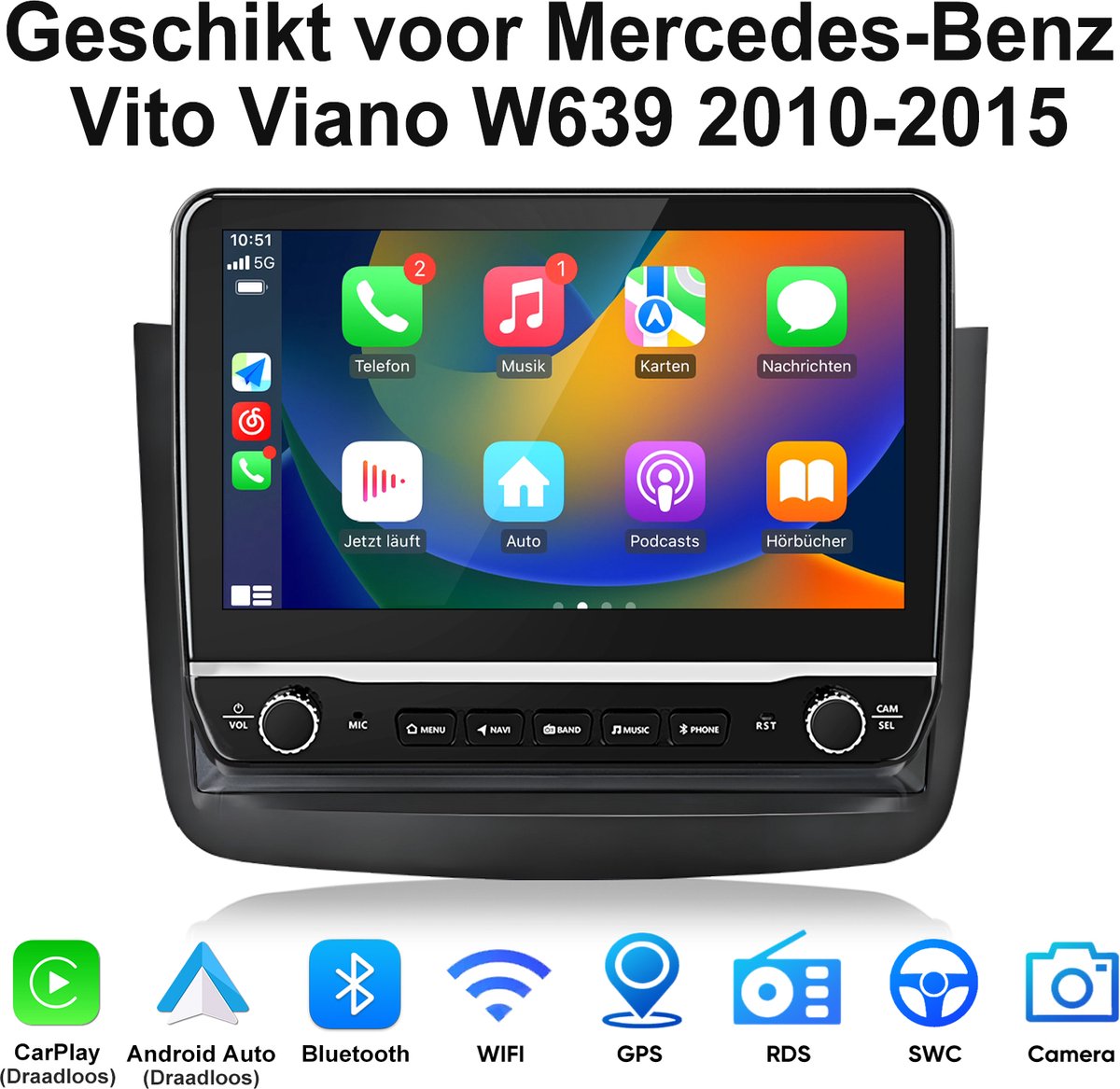 JUNSUN Andriod 15 Autoradio - Geschikt voor Mercedes-Benz Vito Viano W639 2010-2015 Accessoires, 2GB+64GB, Draadloze CarPlay & Android Auto, Bluetooth, GPS-Navigatie, 10.1-inch Touchscreen, Stuurwielbediening, DAB+, 2GB+64GB, DSP, Quad-core processor