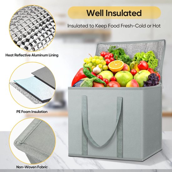 2 Stuks Geïsoleerde Boodschappentassen - Opvouwbare Koeltas voor Boodschappen - Grote Herbruikbare Koeltas met Ritssluiting - Zilvergrijs - 16''x9''x13'' — afbeelding 4