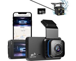 1296P Dash Cam voor en achter dubbele lens Dashcam WiFi GPS in auto camera Dashboard Camera met 64 GB SD-kaart, nachtzicht, Full HD, Loop opname, 140 groothoek, APP-bediening, 3 inch IPS-scherm, Max