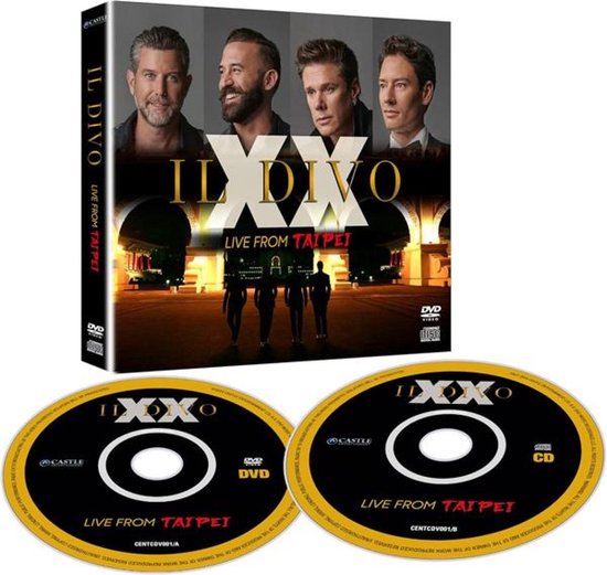 Il Divo: XX - Live from Taipei DVD en CD met vier mannen op de cover en concertfoto op de achtergrond.
