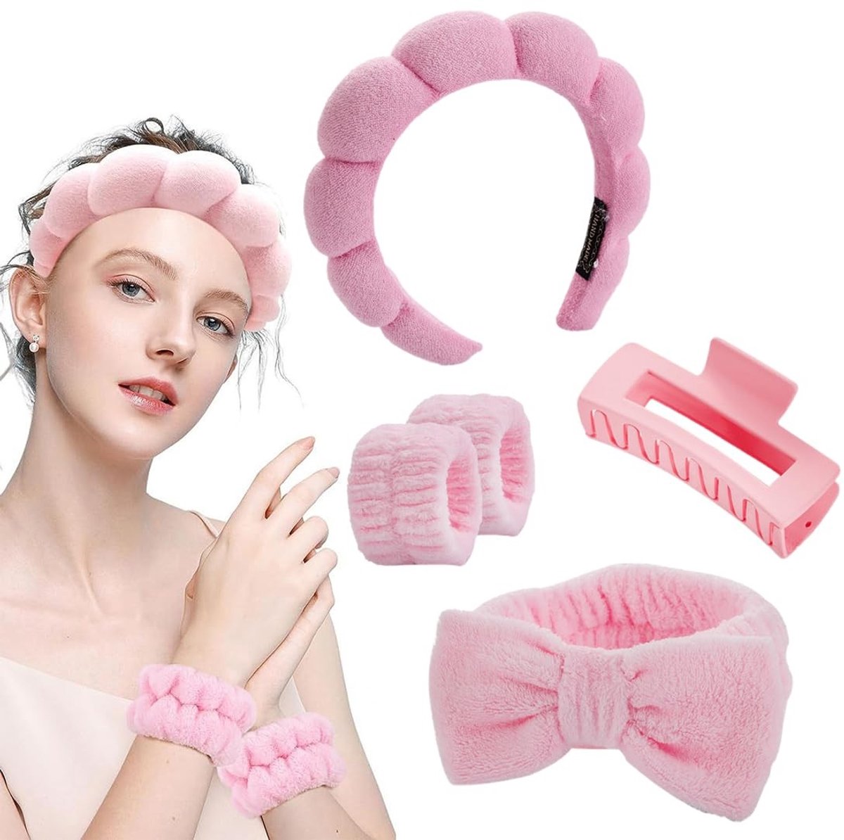 Skincare Spa Vrouwen Gezichtswasband Set van 5 - Zacht en Absorberend - Roze