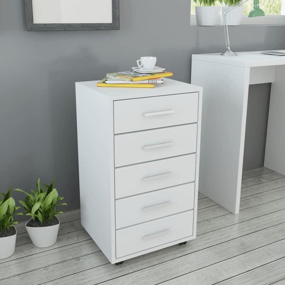 Ladekast met wielen - Opbergkast Bureaukast - Thuis Kantoor - Vijf laden - 63 cm hoog - Wit
