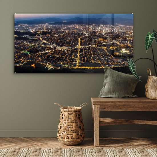 ® Glasschilderij 120x60 cm - Schilderij acrylglas - Panorama van Daegu vanuit Apsan berg in Zuid-Korea - Foto op glas - Muurdecoratie woonkamer - Wanddecoratie slaapkamer - Schilderijen