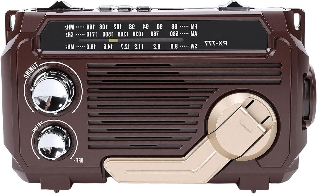 Noodradio met Bluetooth - Weerradio Zaklamp - Noodsituaties Buiten - Handslinger Opladen - 20 x 12 x 7 cm - Donkerbruin