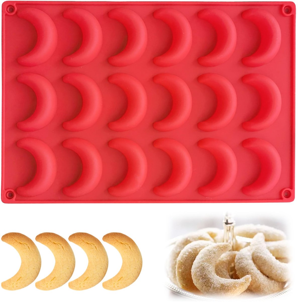 aladdien - Vanillekipferl Bakvorm - Siliconen Flexibele Bakplaat - Rood - Anti-aanbak Cakevorm - Perfect voor Kerst - 18 Gaten Design