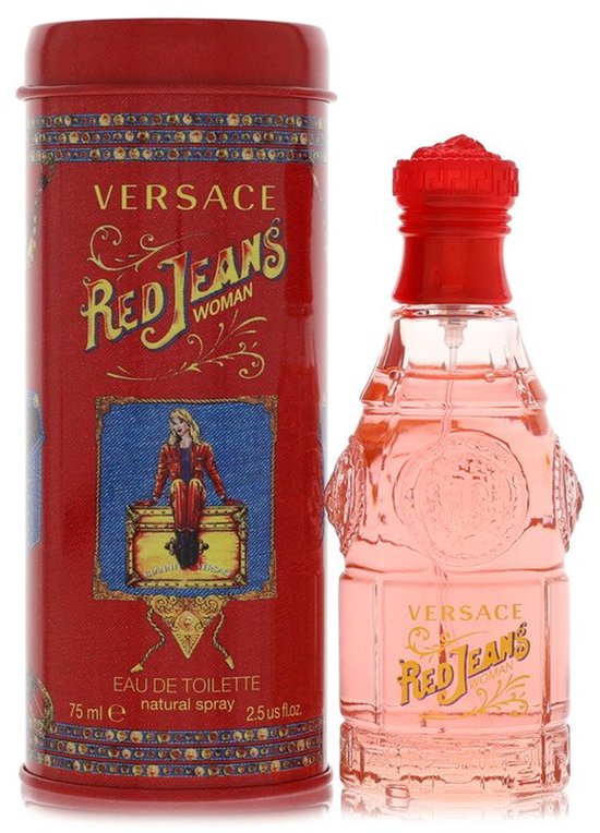 Versace Red Jeans Woman eau de toilette flesje met rode dop, naast de rode metalen verpakking.