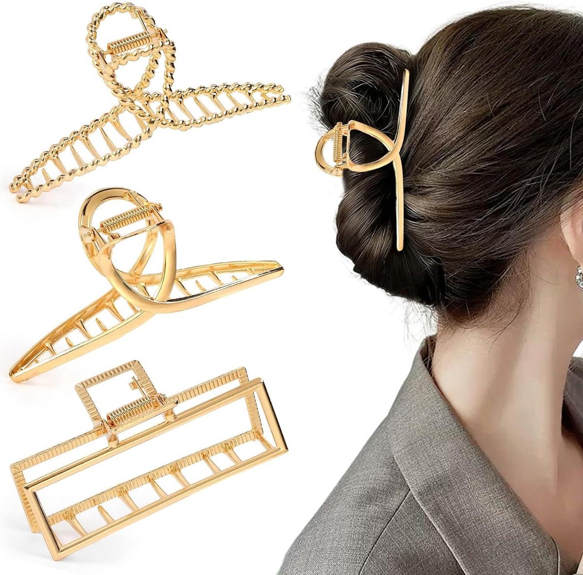 Grote Haarclips - Klemmen Dames - Haar Stijlen - Stevige Metalen Klemmen - 3 Stuks - Goud