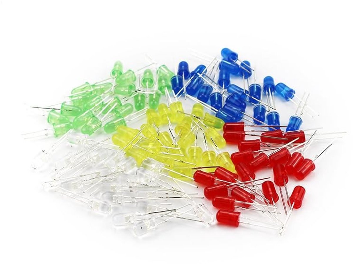aladdien - LED-diodes 5 mm - 100 stuks - Energiezuinig - Ronde kop - Voor doe-het-zelf elektronica - 5 kleuren