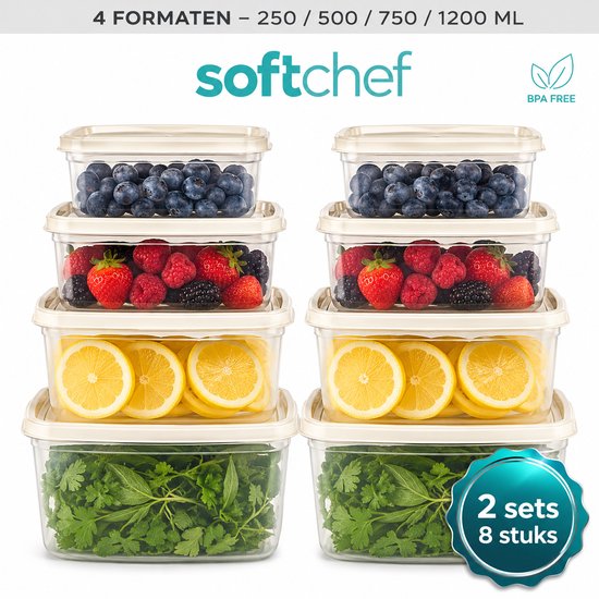 Set de conservation alimentaire rectangulaire Soft Chef Easy Box 8 pièces (4 tailles × 2 pièces : 250/500/750/1200 ml) – Sans BPA – Hermétique et empilable – Transparent – ​​​​Eigen productie en plastique de haute qualité