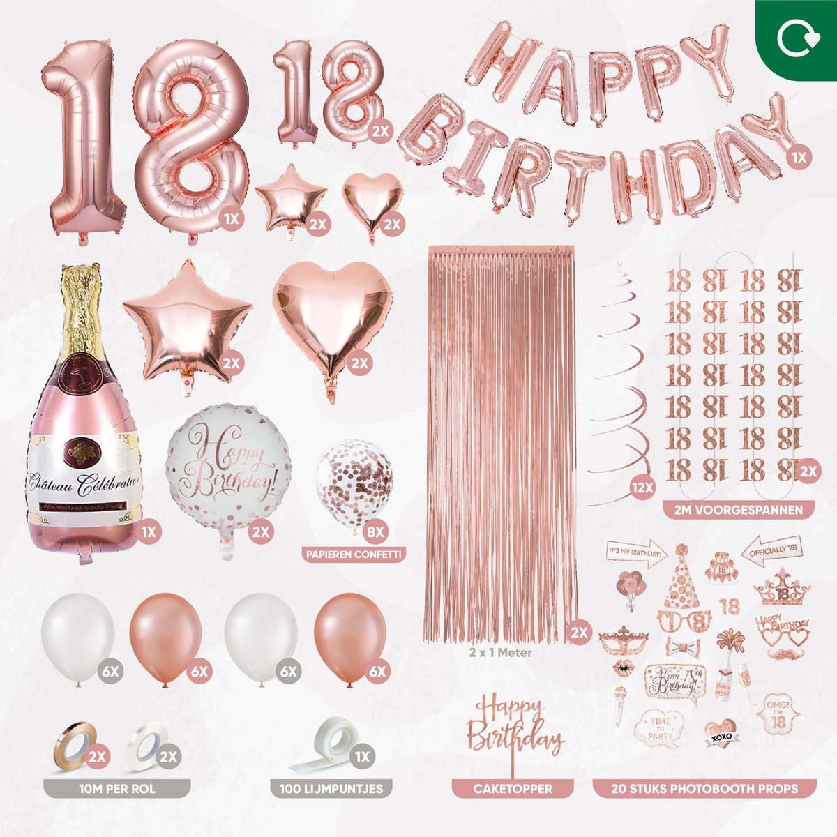 Fissaly 18 Jaar Rose Goud Verjaardag Decoratie Versiering - Helium, Latex & Papieren Confetti Ballonnen — afbeelding 2