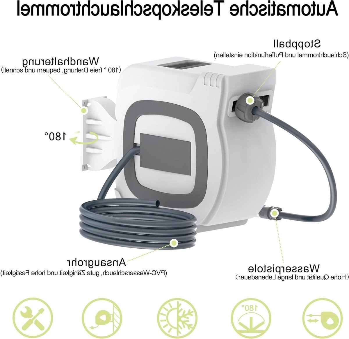 Slanghaspel - Tuinslanghouder - Tuinonderhoud - Automatische oproller - 30 meter - Wit