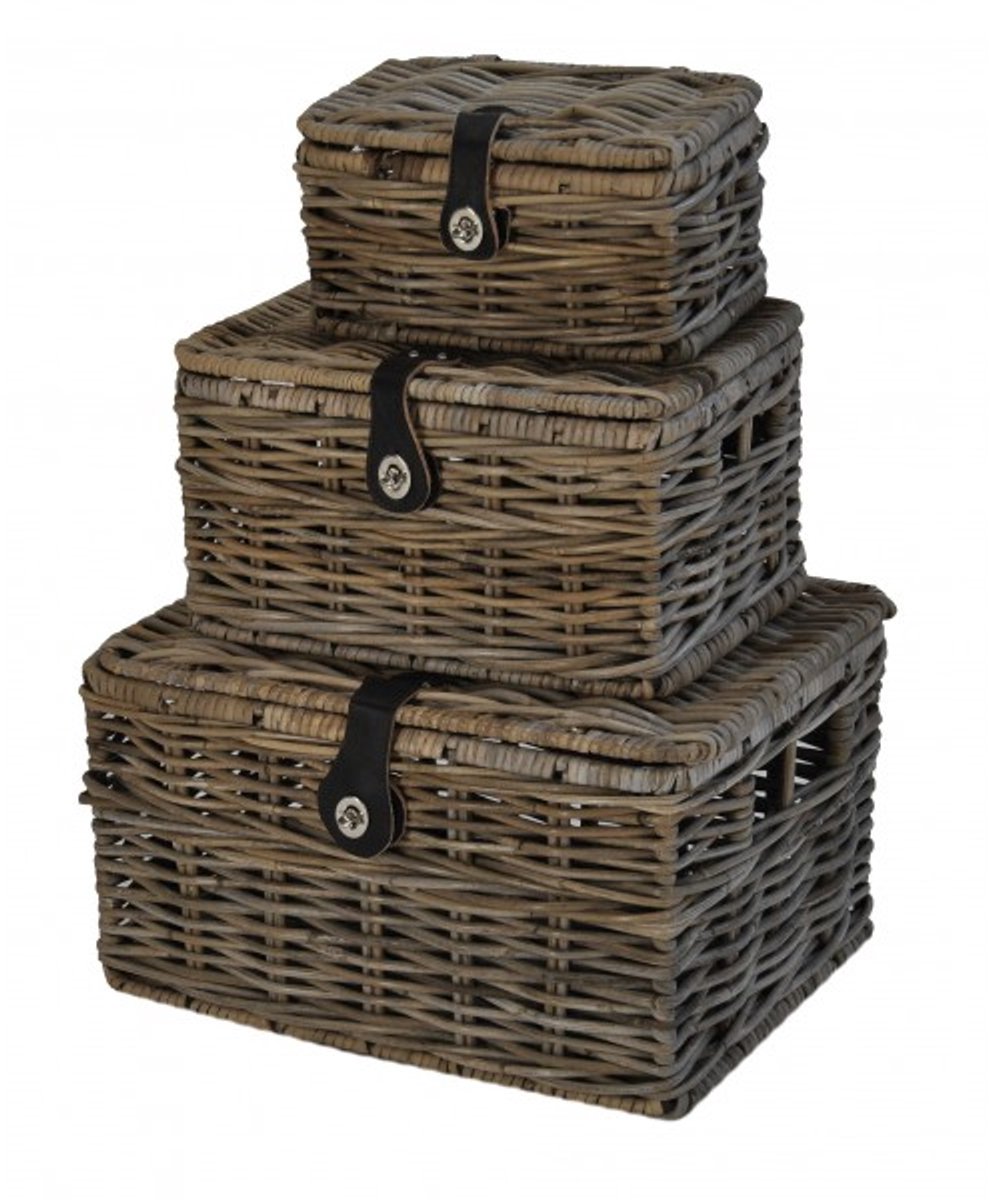 Handgemaakt Orgineel design stevige Koffertje fietsmand mand met lederen sluiting Grey rotan 40x30x23cm