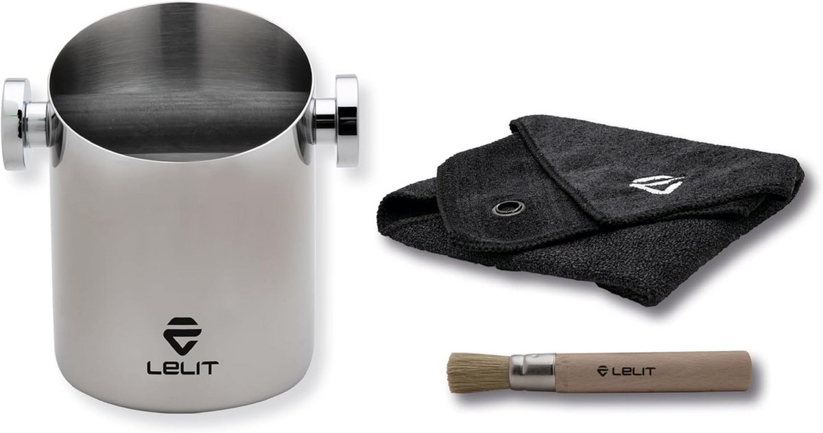 LELIT Knock Box With Cloth & Brush - Coffee Grounds Removal Box - Silver/Black - PLA360S Cylindrical