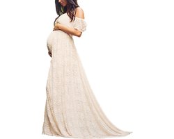 Elegante Zwangerschapsjurk met Kant en Off-Shoulder Detail voor Feest en Fotoshoot