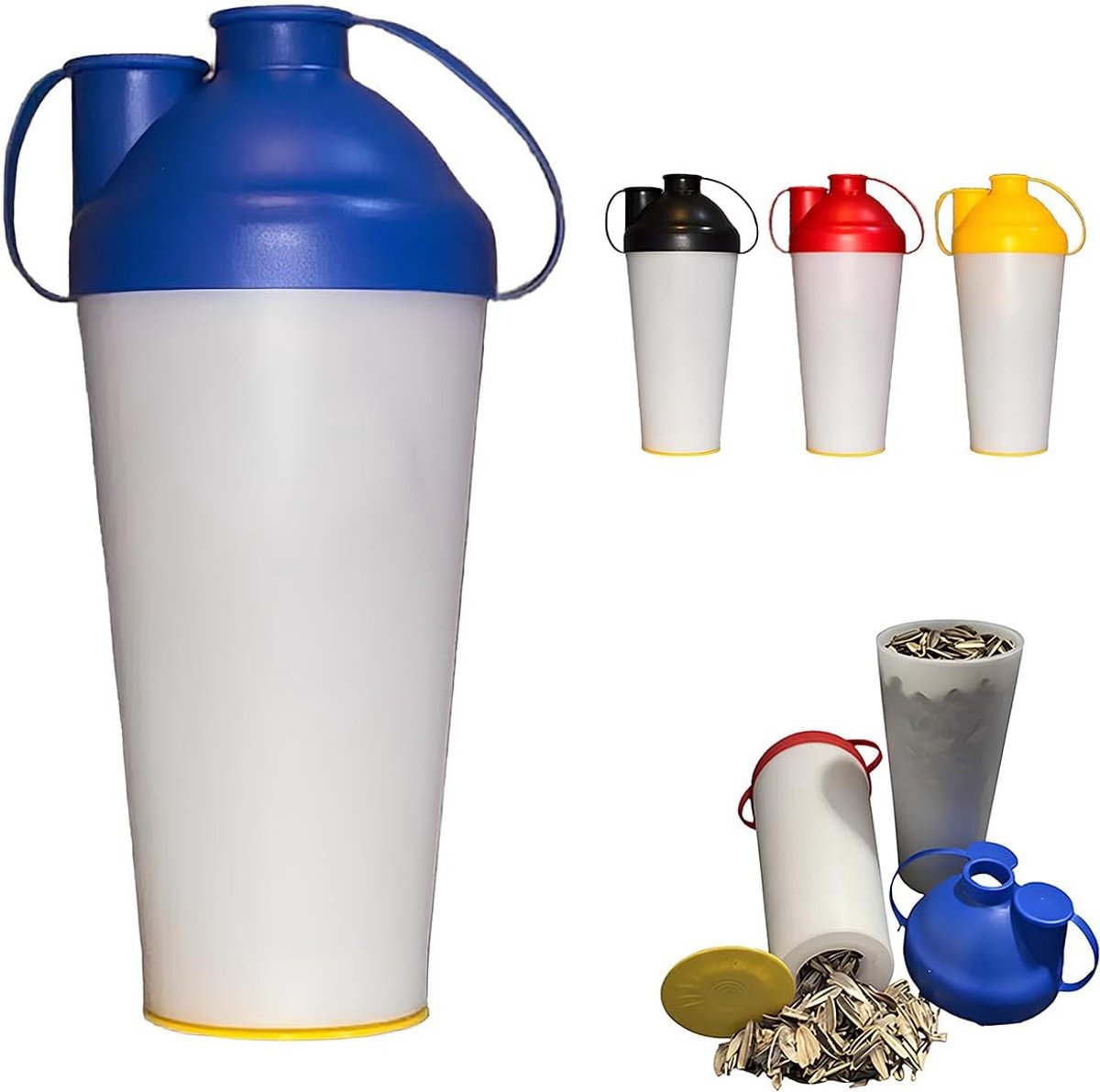 Snackbeker voor Zonnebloempitten - Herbruikbare Snackbox voor Pitten en Schillen - Draagbare Snackcontainer voor Buiten, Sport en Reizen, Met Lekvrije Opvangbak voor Schillen en Afval - Voor Pompoenpitten, Noten en Pistachenoten - Blauw - SOLLBRY®
