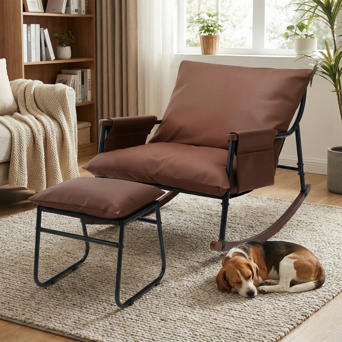 Schommelstoel – Enkele Houten Armstoel – Koffiebruin Tech Fabric – Comfortabele Schommelstoel voor Woonkamer, Balkon of Slaapkamer – Ergonomische Schommelstoel met Stevig Frame – Eenvoudige Montage