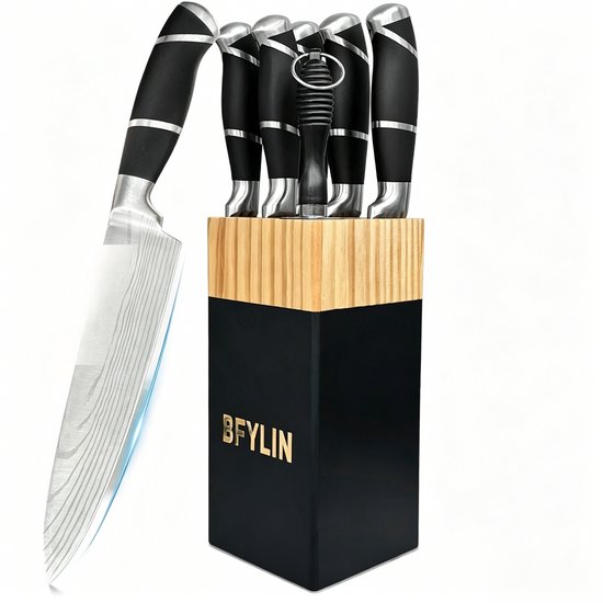 Un bloc à couteaux noir avec le texte "BFYLIN". Un grand couteau avec un motif damassé est posé à côté.