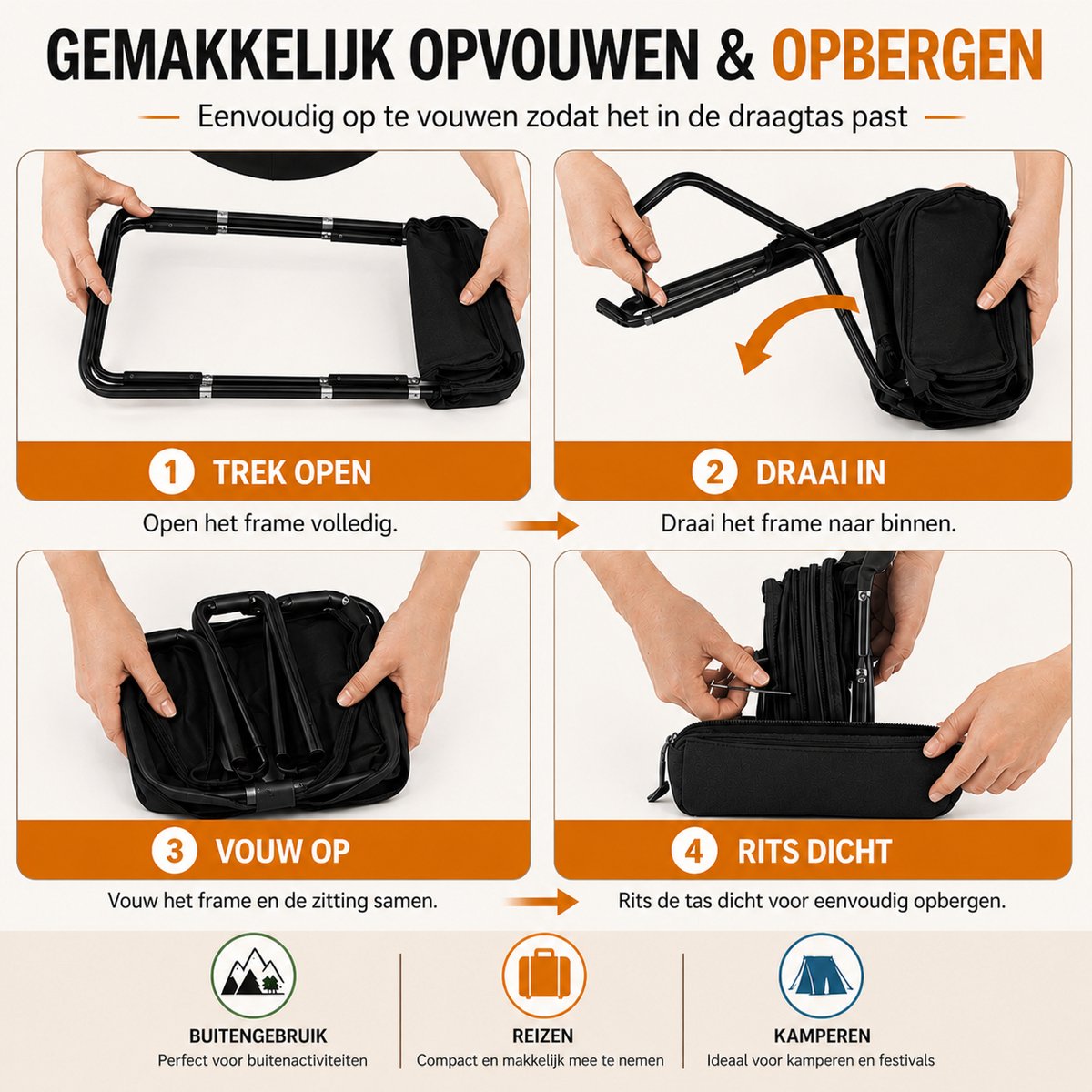Heuts Goods - Mini Campingstoel - Vouwstoel - Campingstoel Opvouwbaar - Strandstoel - Kampeerstoel - Makkelijk Draagbaar - Inklapbaar - Lichtgewicht - Zwart — cadeau in Sport & Outdoor - foto 3