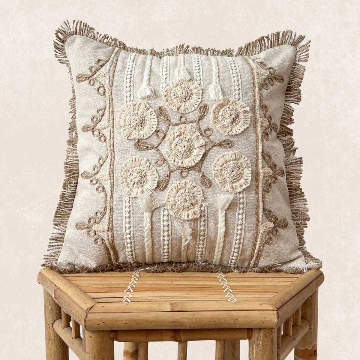 TFP Artisanal Embellished Cushion Cover - Sierkussenhoes | Aria - 45 x 45 cm - 100% Organic Cotton (GOTS Certified), Jute - Handmade in India - natural white, Beige, Brown