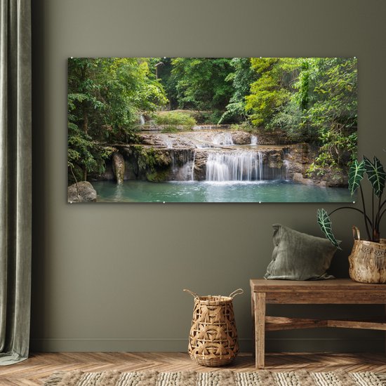 Peinture sur verre - Arbres verts le long de la rivière au-dessus d'une cascade dans le parc national d'Erawan - 160x80 cm - Peintures sur verre acrylique - Photo sur Glas