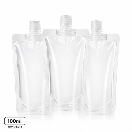 Navulbare Pouch – Hervulbare Zak met Dop – Voor Shampoo, Zeep, Douchegel en Reinigingsmiddelen – 100 ml – Set van 3 – Transparant