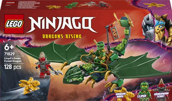 LEGO NINJAGO Lloyd's groene bosdraak box. Draak met groene vleugels, LEGO figuren Lloyd, Drakenbaby en Drakeniaanse scout.