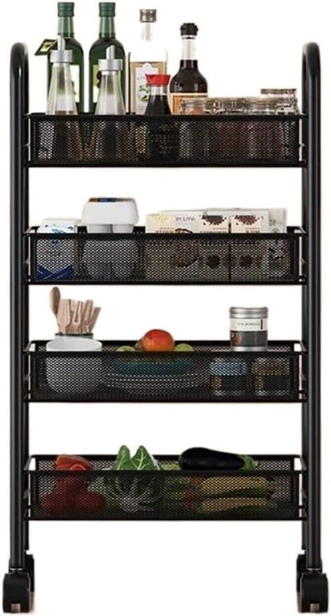 Keuken Trolley - Opbergwagen Wielen - Keuken Organisatie - Ademende Manden - 46x25x84cm - Zwart