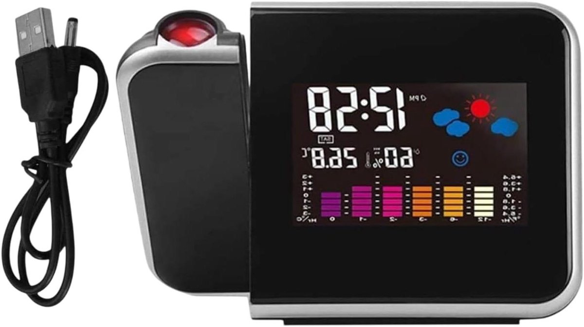 Projectie Wekker - Klimaatklok - Tijd & Temperatuur - 180 Graden Projectie - 12 cm Breed - Zwart
