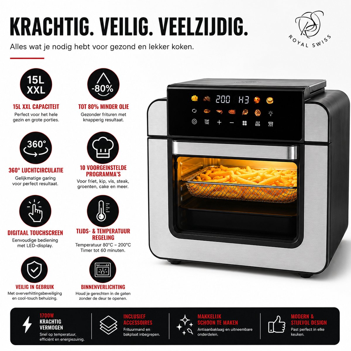 Royal Swiss® Airfryer Oven 15L XXL – Heteluchtfriteuse – 1800W – 9 Programma’s – PFAS Vrij – Inclusief Accessoires — afbeelding 2