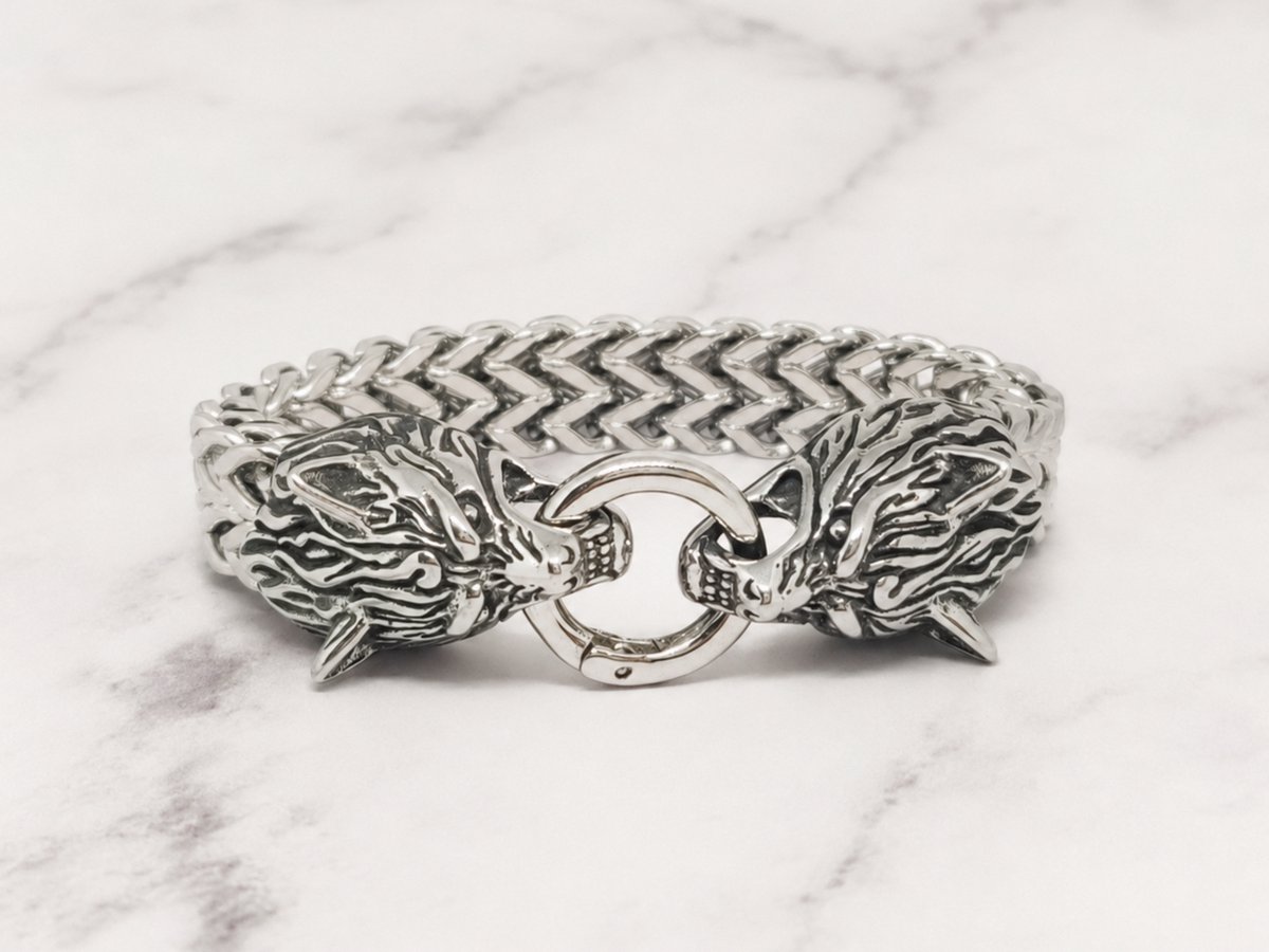 Mei's - Viking The Wolves - armband heren - wolf - RVS zilver - polsmaat 18 cm