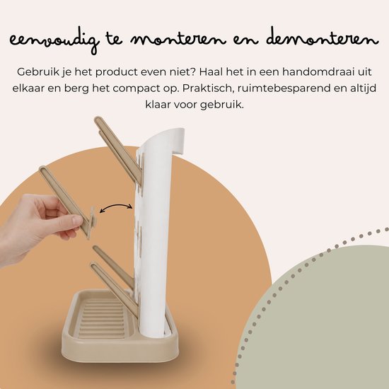 Jikkies Flessendroogrek Baby - 9 Haken met Afdruipbak & Borstelhouder - BPA-vrij & Vaatwasserbestendig - Beige Mosterd van Merkloos — afbeelding 3
