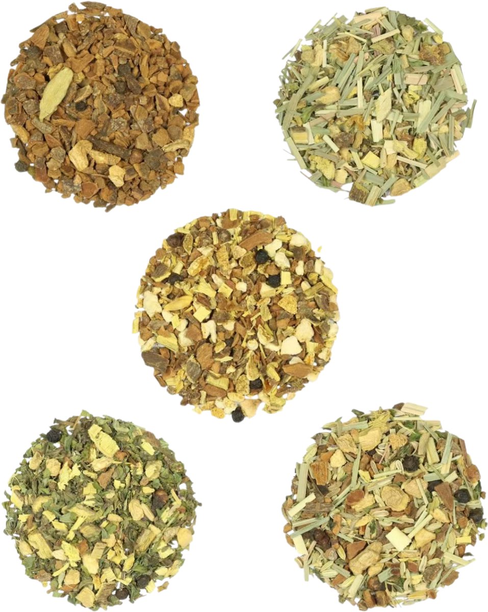 Proefpakket Ayurveda – 5 x 15g Losse thee - Chai, Gember, Venkel, Kruidnagel & Kaneel