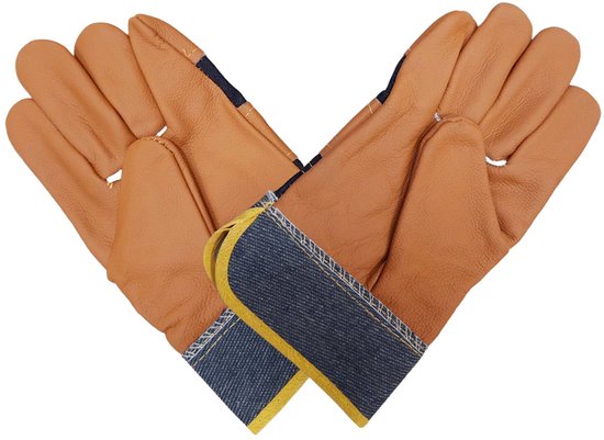 Paar bruine leren werkhandschoenen met blauwe denim manchetten met gele biezen.