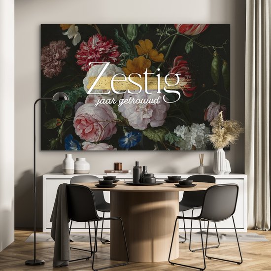 Aluminium schilderij 150x100 cm - Wanddecoratie metaal - Zestig jaar getrouwd - Huwelijk - Spreuken - Quotes - Metalen muurdecoratie woonkamer - Decoratie industrieel - Foto op dibond - Industriële accessoires slaapkamer