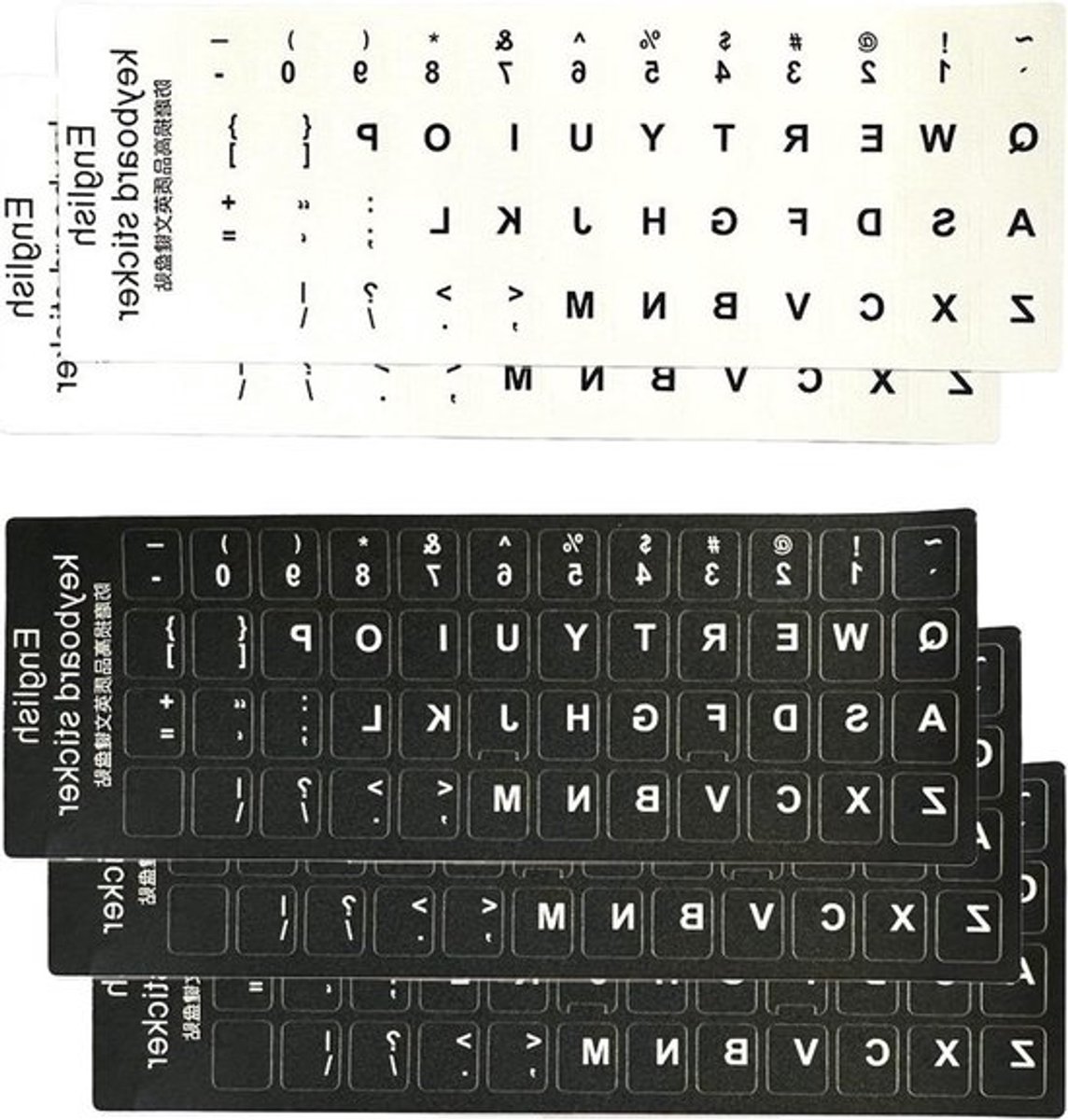 Toetsenbordstickers voor standaard toetsenborden in Engels met witte letters (Set van 5)