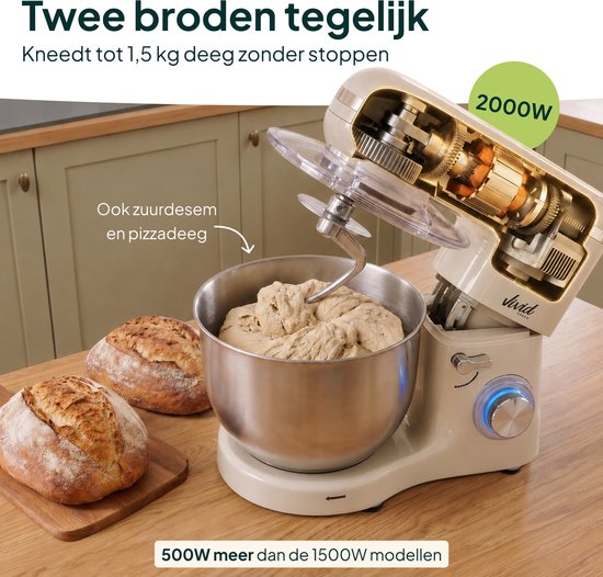 Vivid Green 2000W Keukenmixer - Geschikt voor Zwaar Deeg - 6,2L Mengkom - Keukenmachine - Keukenrobot - Crème