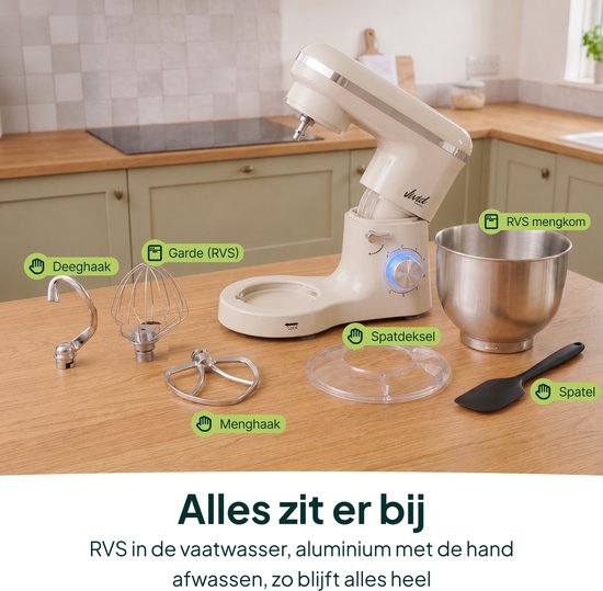 Vivid Green 2000W Keukenmixer - Geschikt voor Zwaar Deeg - 6,2L Mengkom - Keukenmachine - Keukenrobot - Crème