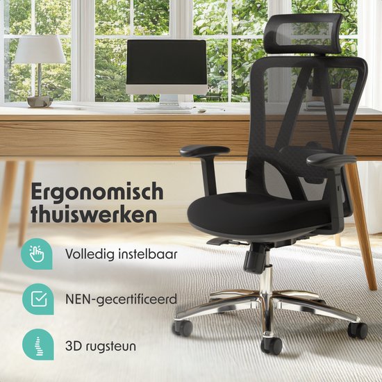 LifeGoods Ergonomische Bureaustoel - NEN1335-gecertificeerd - Gamestoel - 150kg - Office Chair - Volwassenen - Kantoorstoel - Hoofdsteun - Zwart/Chroom