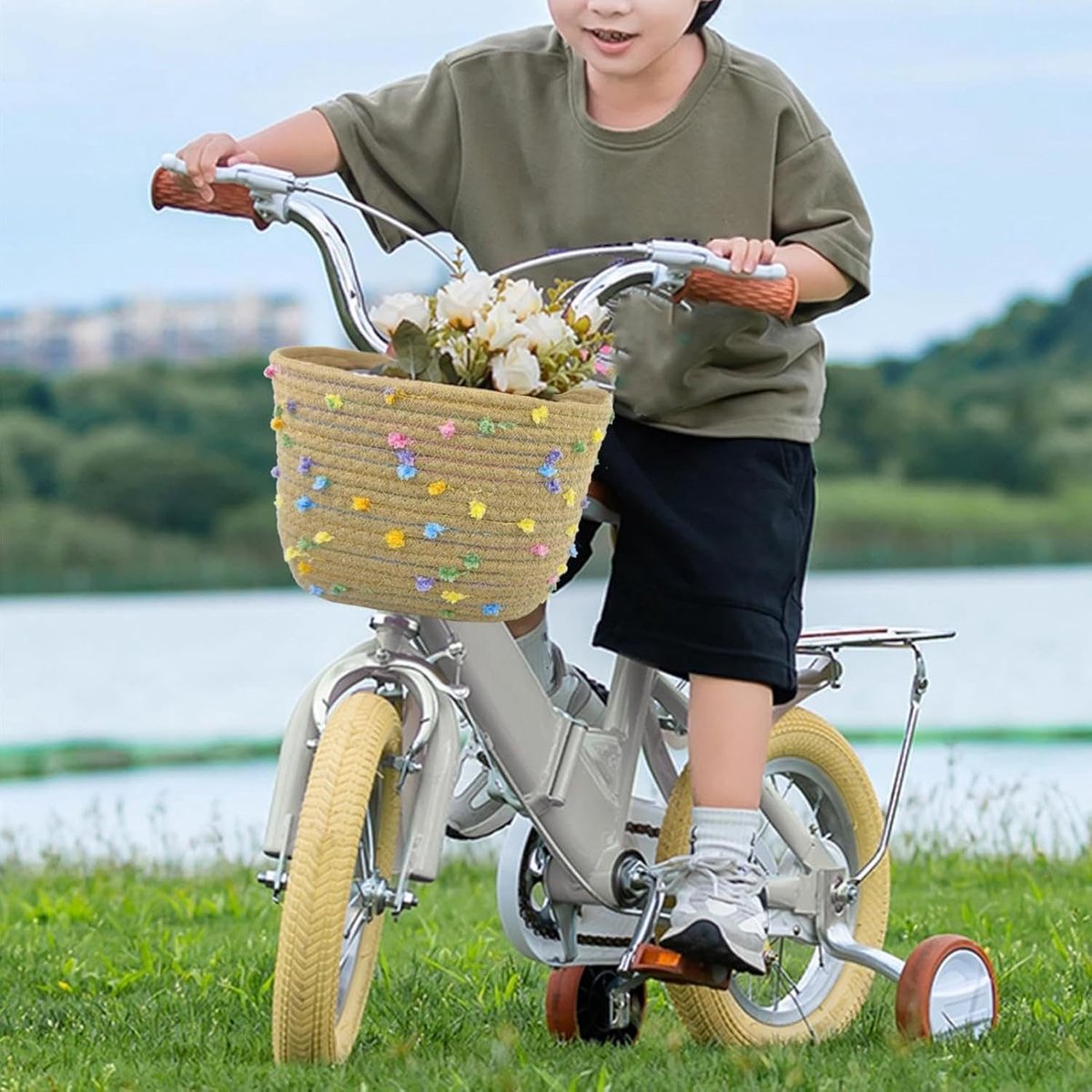 Fietsmand Voorzijde - Handgeweven Opbergmand - Fietsen Opbergen - Natuurlijk Katoenen Touw - 21x16x16 cm - Khaki