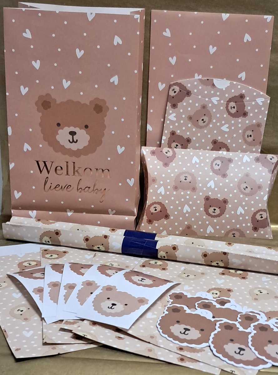 21 delig Inpakset geboorte beertjes - 2 Rollen inpakpapier 30 CM - Labels - Sluitstickers - zakjes - blokbodem zakken - gondeldoosjes - kraammand - Kraamcadeau - kraampakket - SNQ cadeau verpakkingen