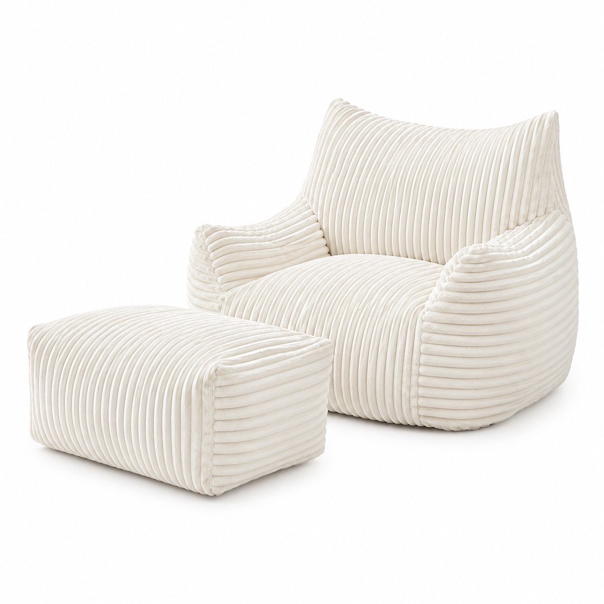 CINK Living® Luxe Corduroy Zitzak Stoel met Voetenbank – Fluffy Lounge Chair voor Volwassenen – Extra Comfortabele Lazy Sofa met Armleuningen – Japandi Woonkamer Stoel voor Lezen, Relaxen & Gamen – Crème Wit