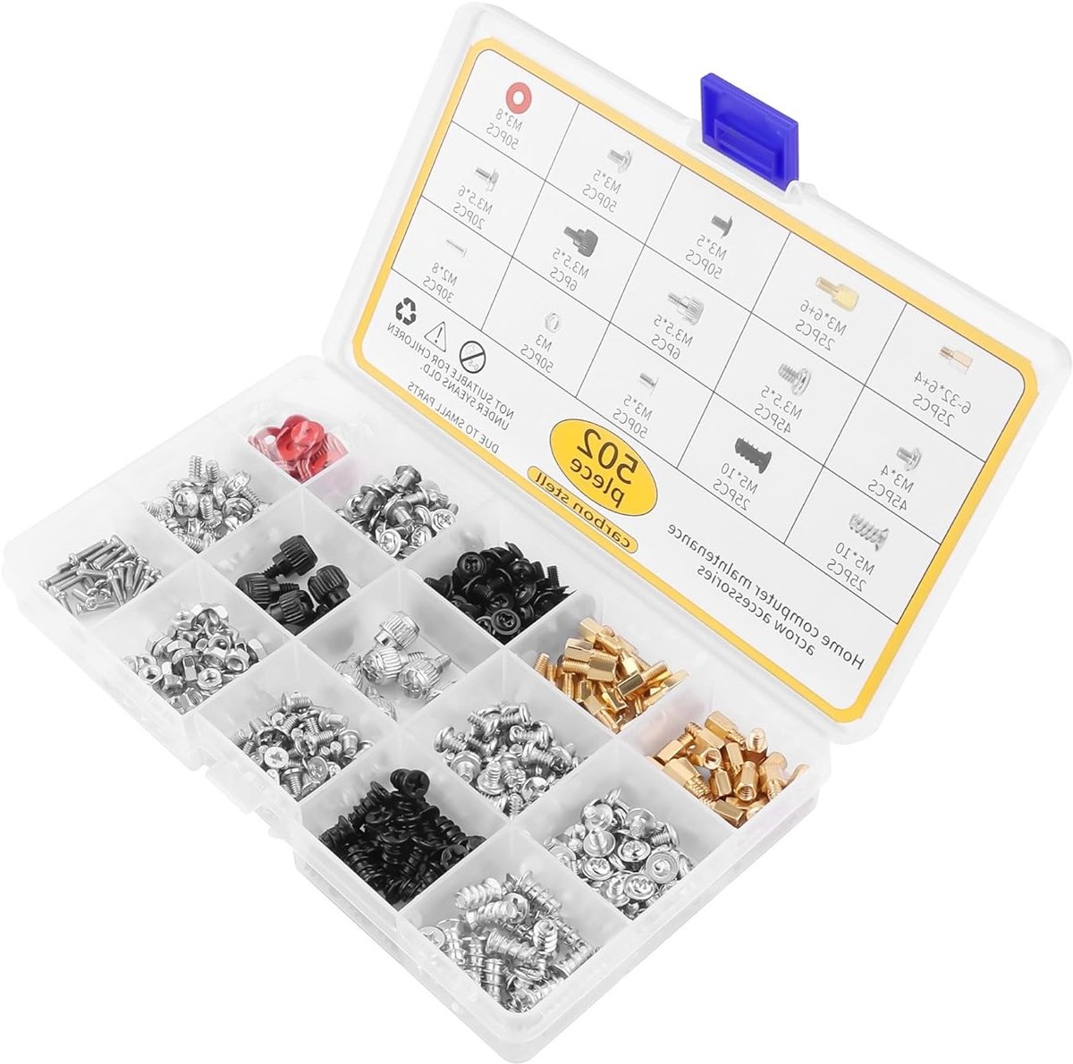 DIY Schroeven Set met 502 Stuks, Diverse Maten Moeren en Ringen voor Computerbouw, Gaming PC en Laptop Reparatie